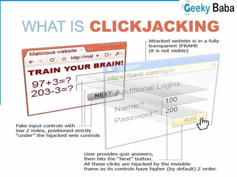 Esta imagen describe la idea de funcionamiento de los ataques tipo clickjacking. Imagen de [ppp](http://geekybaba.commm)